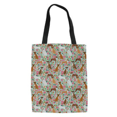 Flower & Dog Print Canvas Shoulder Bag - Casual Tote