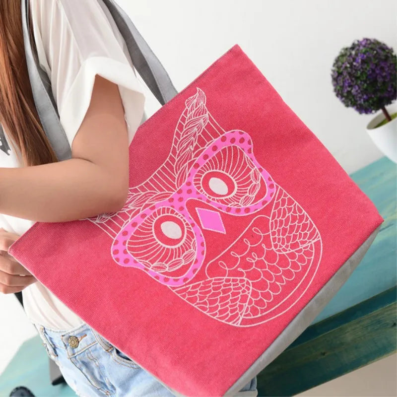 Owl Print Shoulder Bag Women Casual Handbag Large Tote Purse