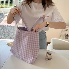 Canvas Shoulder Bags Women Double-side Plaid Large Capacity Handbags