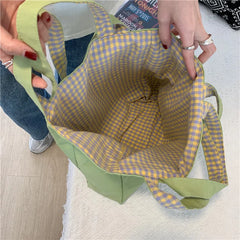 Canvas Shoulder Bags Women Double-side Plaid Large Capacity Handbags