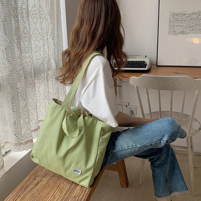 Canvas Shoulder Bags Women Double-side Plaid Large Capacity Handbags