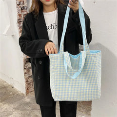 Canvas Shoulder Bags Women Double-side Plaid Large Capacity Handbags