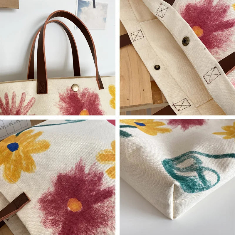 Canvas Shoulder Bags Women Floral Print Large Capacity Shopping Travel Tote Bag