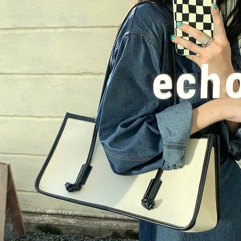 Canvas Shoulder Bags Women Large Capacity Office Ladies Patchwork Handbags