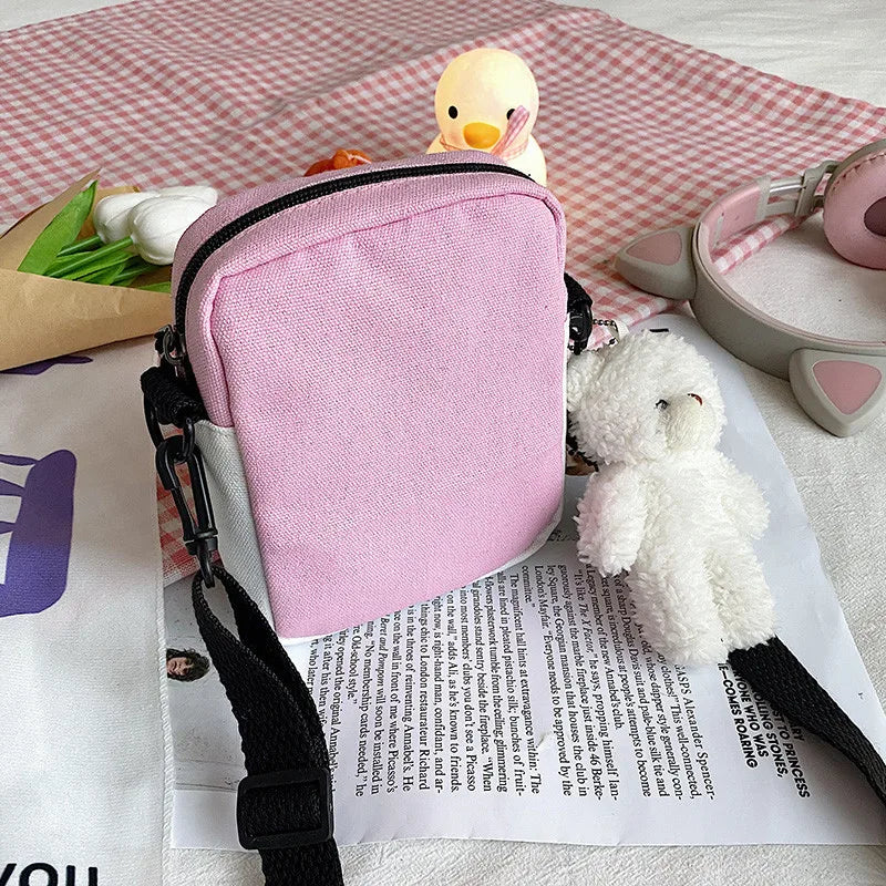 Canvas Shoulder Women's Phone Bag Cartoon Printed Messenger Crossbody Bag