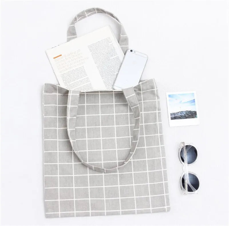 Plaid Canvas Tote Bag Eco Shopping Handbag Large Capacity