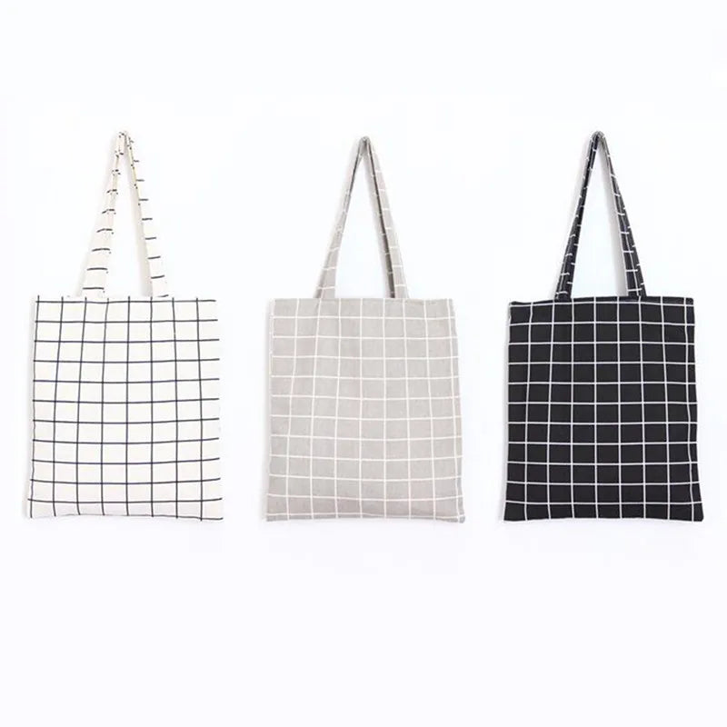Plaid Canvas Tote Bag Eco Shopping Handbag Large Capacity