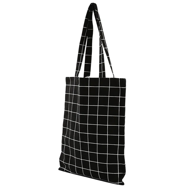 Plaid Canvas Tote Bag Eco Shopping Handbag Large Capacity