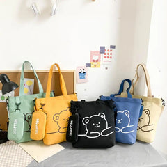 Bear Pattern Tote Bag with Pencil Case for Kids