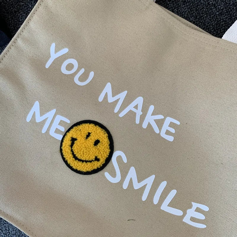 Smiley Letters Printing Canvas Tote Bag Crossbody Bags