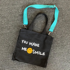 Smiley Letters Print Canvas Tote Bag Casual Crossbody Handbag for Women