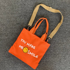 Smiley Letters Print Canvas Tote Bag Casual Crossbody Handbag for Women