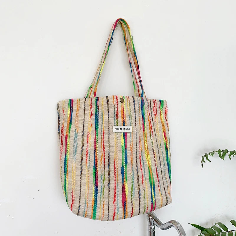 Rainbow Stripes Canvas Tote Bag Large Capacity Shopping Handbag