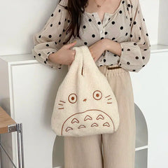 Corduroy Tote Bag Cartoon Print Large Handbag Women's Cotton Shopper Purse
