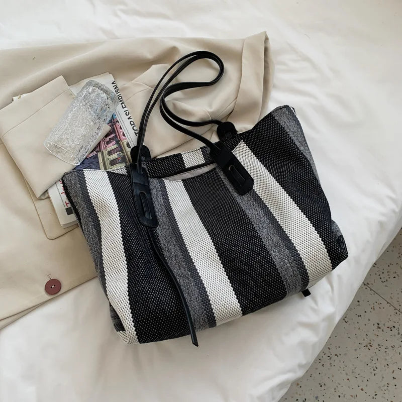 Striped Canvas Tote Bag for Women Large Capacity Shopper Handbag