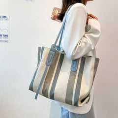 Striped Canvas Tote Bag for Women Large Capacity Shopper Handbag