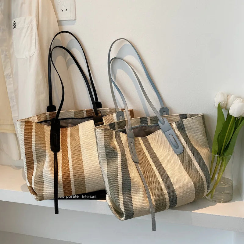 Striped Canvas Tote Bag for Women Large Capacity Shopper Handbag
