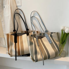 Striped Canvas Tote Bag for Women Large Capacity Shopper Handbag