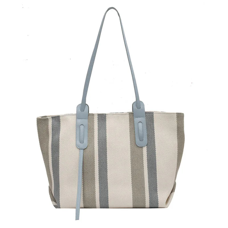 Striped Canvas Tote Bag for Women Large Capacity Shopper Handbag