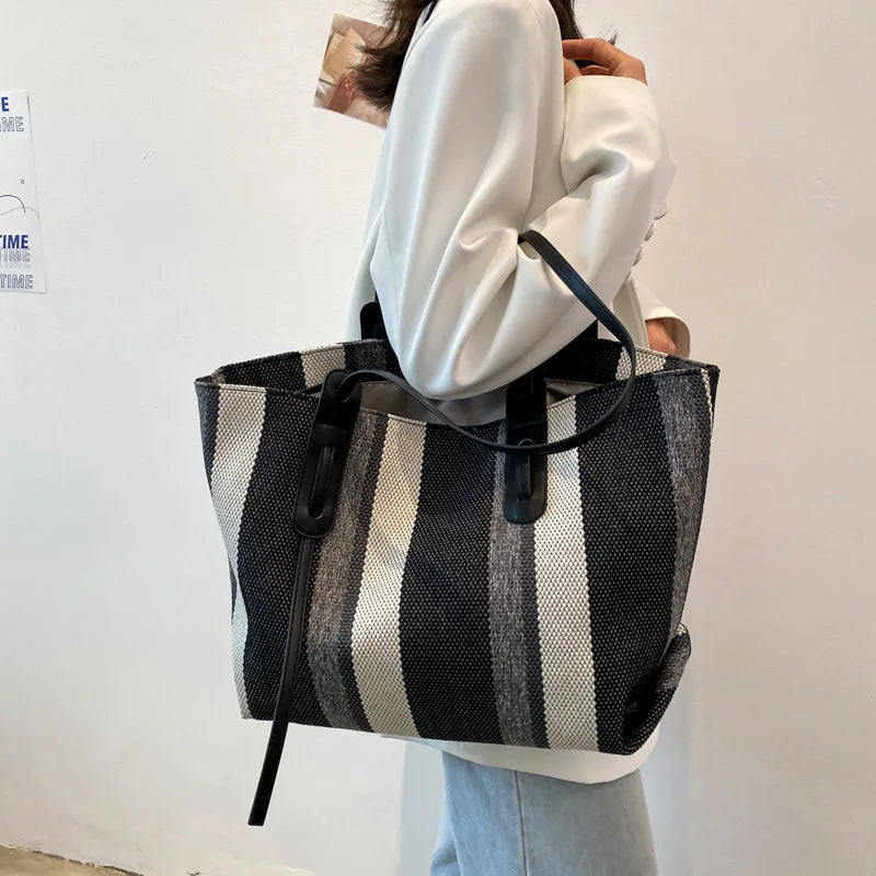 Striped Canvas Tote Bag for Women Large Capacity Shopper Handbag