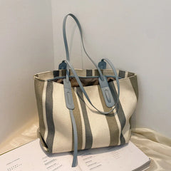 Striped Canvas Tote Bag for Women Large Capacity Shopper Handbag