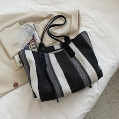 Striped Canvas Tote Bag for Women Large Capacity Shopper Handbag