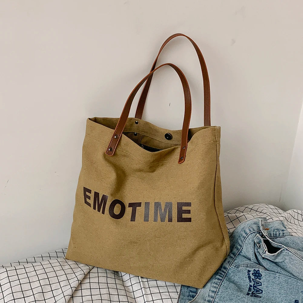 Vintage Canvas Underarm Bag Women Reusable Shopping Snap Closure