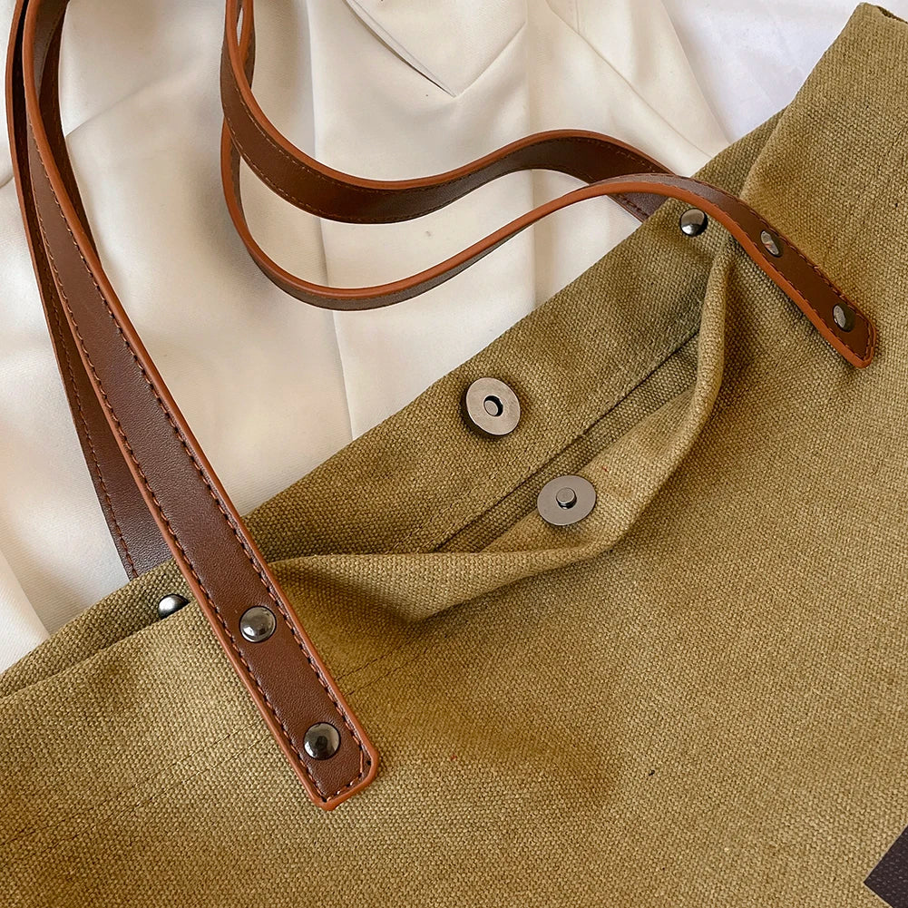 Vintage Canvas Underarm Bag Women Reusable Shopping Snap Closure