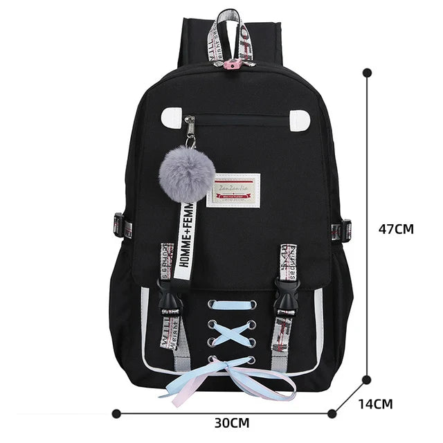 Canvas USB School Bags Girls Teenagers Women Bookbags Large Capacity