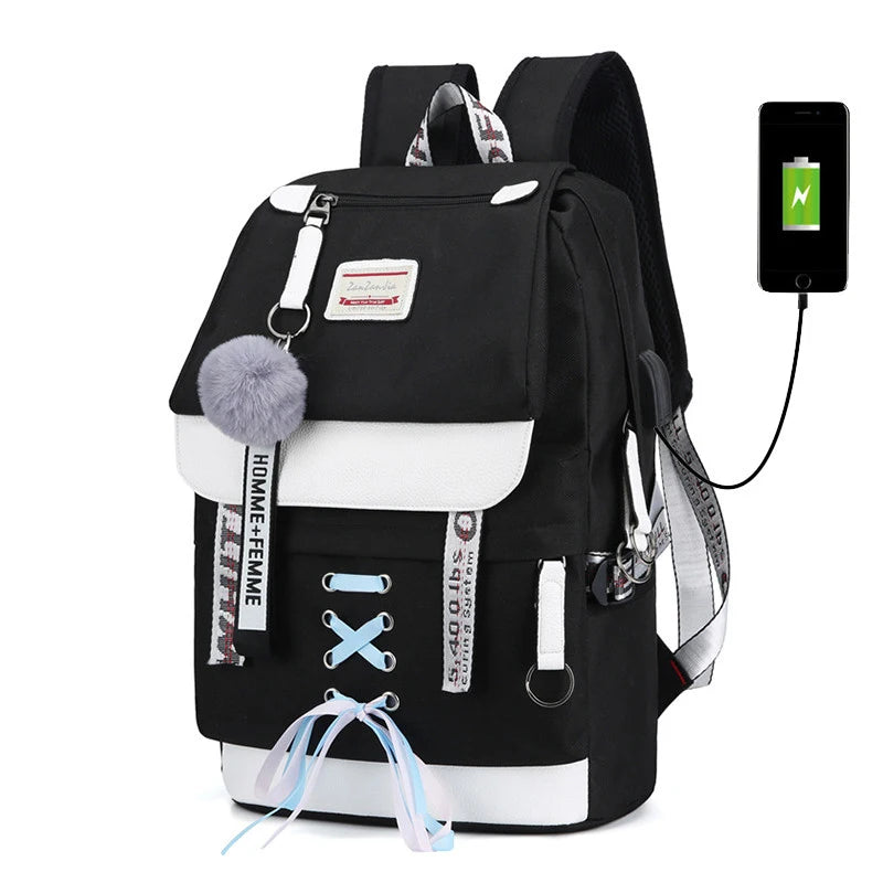Canvas USB School Bags Girls Teenagers Women Bookbags Large Capacity