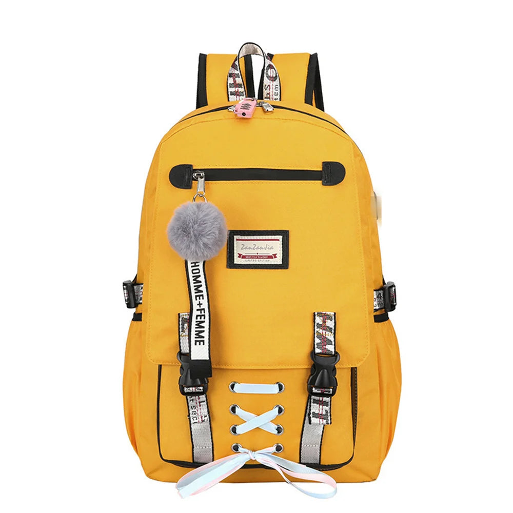 Canvas USB School Bags for Girls Teenagers Backpack Women