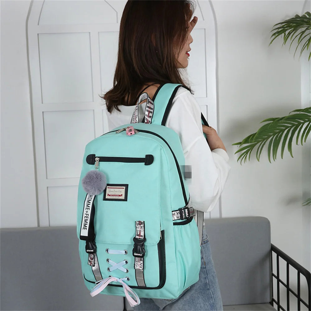 Canvas USB School Bags for Girls Teenagers Backpack Women