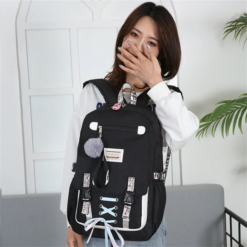 Canvas USB School Bags for Girls Teenagers Backpack Women