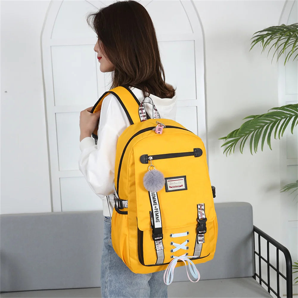 Canvas USB School Bags for Girls Teenagers Backpack Women