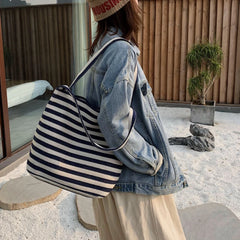 Canvas Striped Shoulder Bag Large Tote Shopper Bookbag