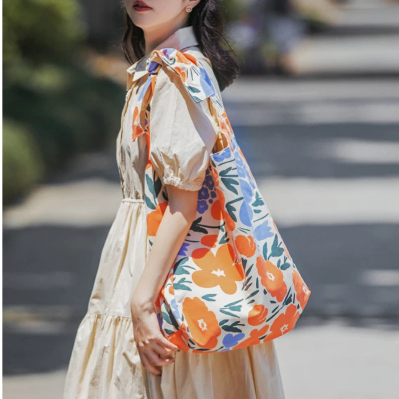 Canvas Women Shoulder Shopper Bag Large Flower Print Cotton Cloth Handbag