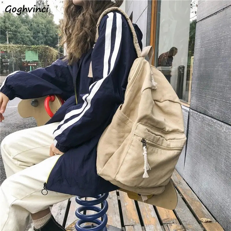 Canvas Women Solid Large Capacity School Bags Retro Casual Travel Teens Book Bac