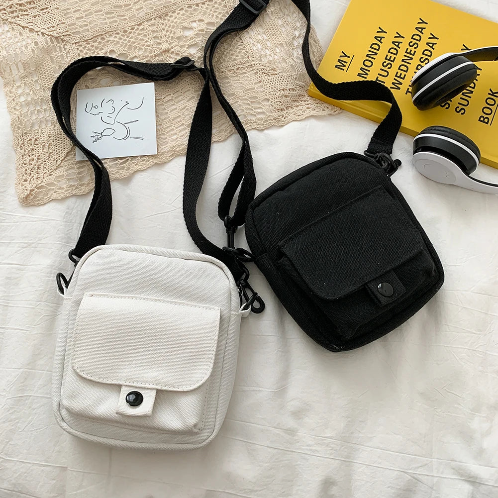 Canvas Crossbody Bag Small Shoulder Handbag Student Phone Bag Zipper Purse