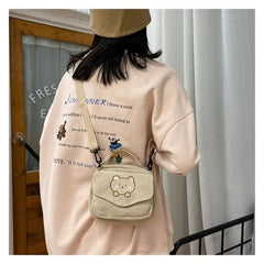 Preppy Style Student Tote Corduroy Bag Embroidery Girl Bear Shoulder Bag