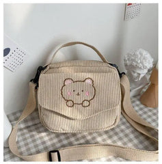 Preppy Style Student Tote Corduroy Bag Embroidery Girl Bear Shoulder Bag