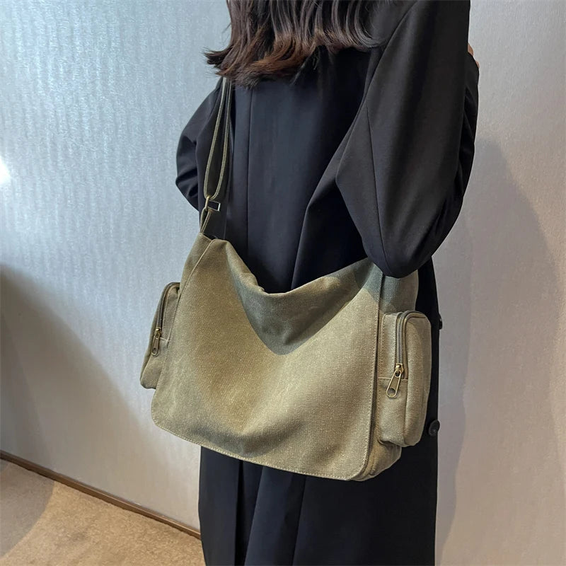 Large Canvas Shoulder Bag Schoolbag Crossbody Purse for Teenagers