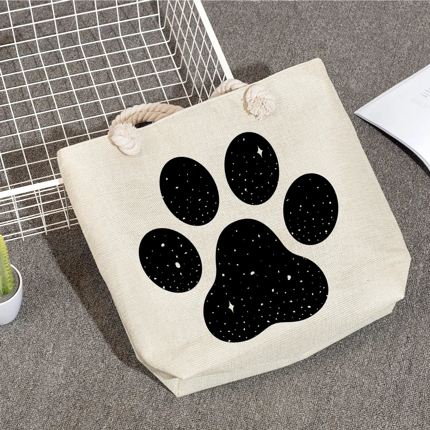 Capacity Lady Tote Bags Women Star Dog Paw Handbags Linen Thick Rope Summer Fema