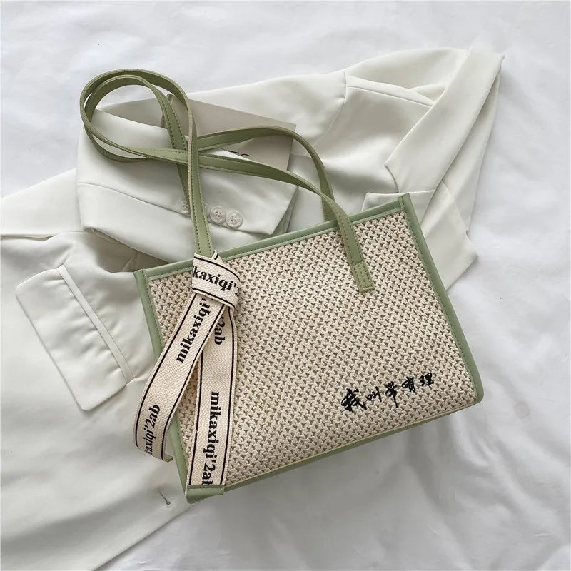 Straw-Weaved Bag Women Casual Contrast Commuter Bag One Shoulder Woven Bag
