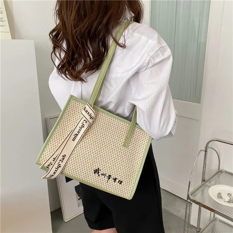Straw-Weaved Bag Women Casual Contrast Commuter Bag One Shoulder Woven Bag