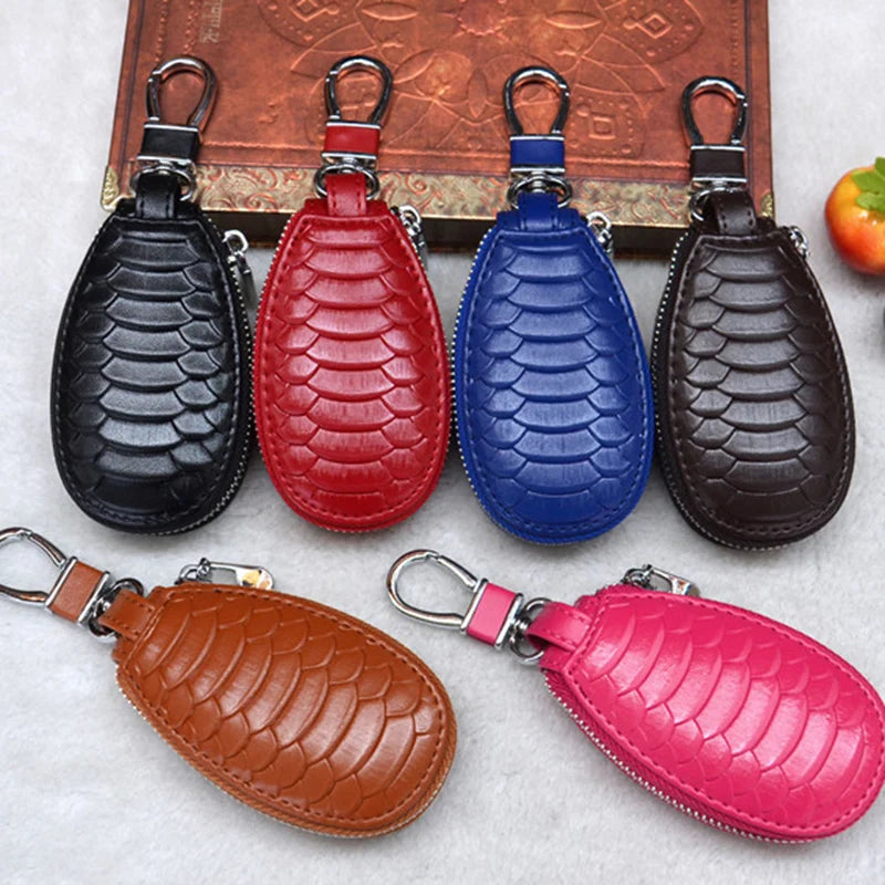 Leather Car Key Case Keychain Zipper Pouch Snake Pattern Key Holder
