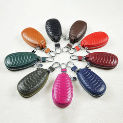 Leather Car Key Case Keychain Zipper Pouch Snake Pattern Key Holder