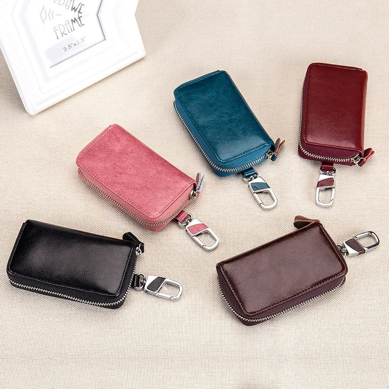 Leather Car Key Holder Double Zipper Home Key Case