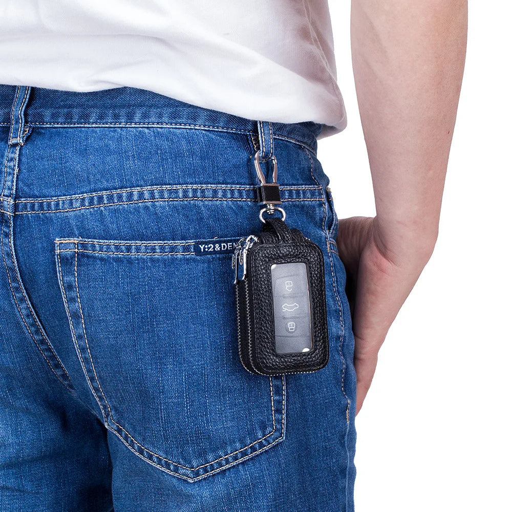Leather Car Key Holder Double Zipper Square Key Case