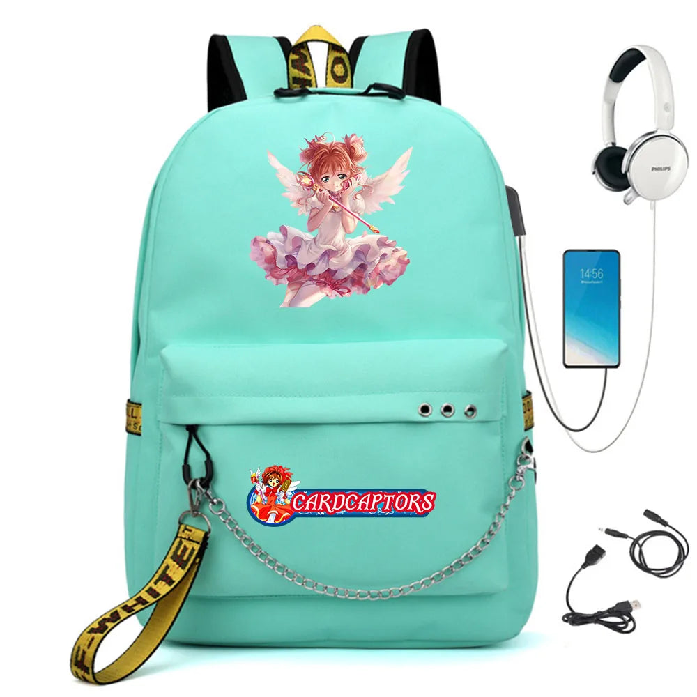 Cardcaptor Sakura Nylon Backpack Casual USB Charge Schoolbag Packsack Cartoon