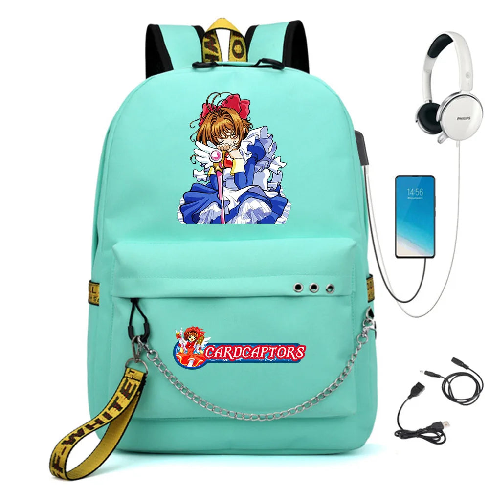 Cardcaptor Sakura Nylon Backpack Casual USB Charge Schoolbag Packsack Cartoon